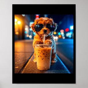 Affiche Goldendoodle drôle buvant du café glacé mème anima