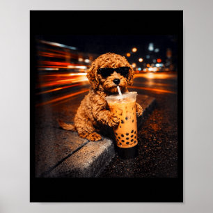 Affiche Goldendoodle drôle buvant du café glacé mème anima