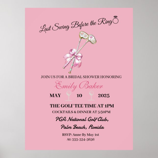 Affiche Golf Coquette Rose "Dernier Swing Avant La Bague" (Devant)