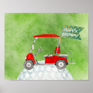 Affiche Golf Joyeux Anniversaire avec voiturette de golf a