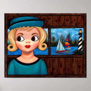 Affiche Googly Girl Sailor Head Vase Lighthouse Voilier