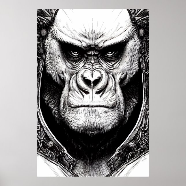 Affiche Gorilla Ape Wild Nature Illustration Line Art épiq (Devant)