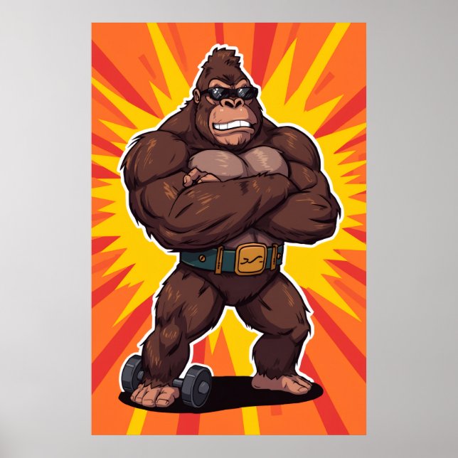 Affiche Gorille Bodybuilder Haltérophile Pop Art Cartoon (Devant)
