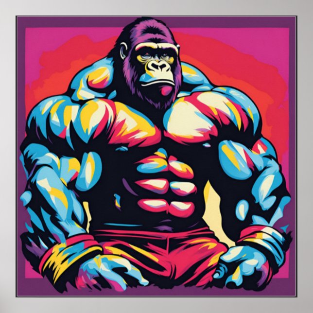 Affiche Gorille Bodybuilder Haltérophile Pop Art Cartoon (Devant)