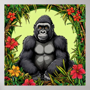 Affiche Gorille dans un cadre de bambou tropical