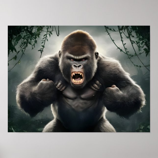 Affiche Gorille de singe furieux rugissant dans la jungle (Devant)