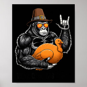 Affiche Gorille drôle de Thanksgiving tenant une dinde Lgr