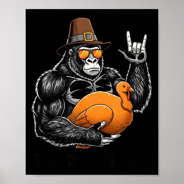 Affiche Gorille drôle de Thanksgiving tenant une dinde Lgr (Devant)