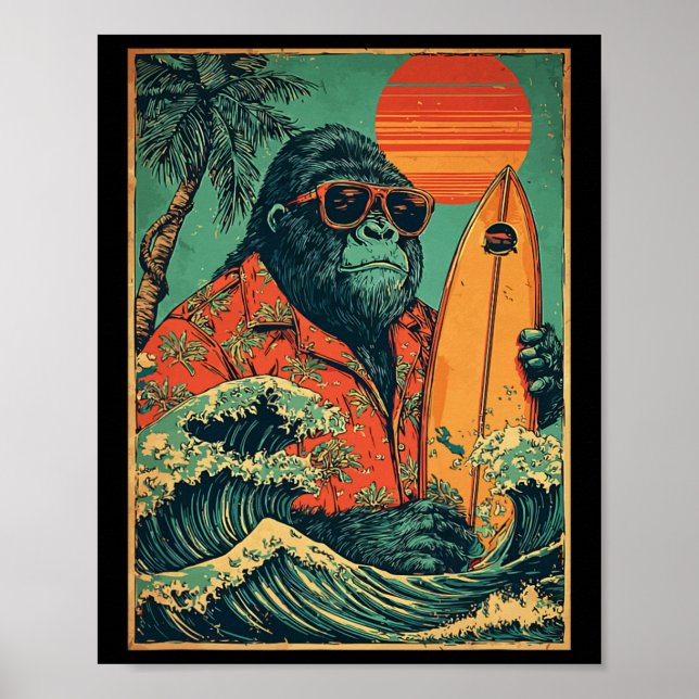 Affiche Gorille Rétro Surfeur Hawaïen Animal Surfant Plage (Devant)