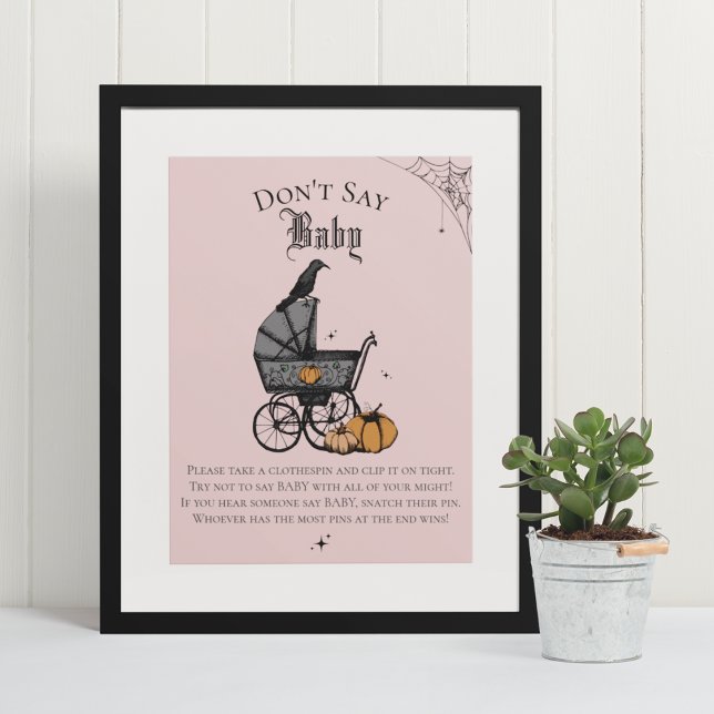 Affiche Goth Halloween ne pas dire bébé rose douche jeu (Elegant & Whimsical Gothic Baby Shower Game Poster. Frame Not Included. Hand-Drawn Illustrations.)