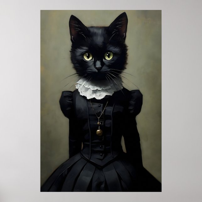 Affiche Gothic Black Cat In Dress Print, Dark Academia (Devant)