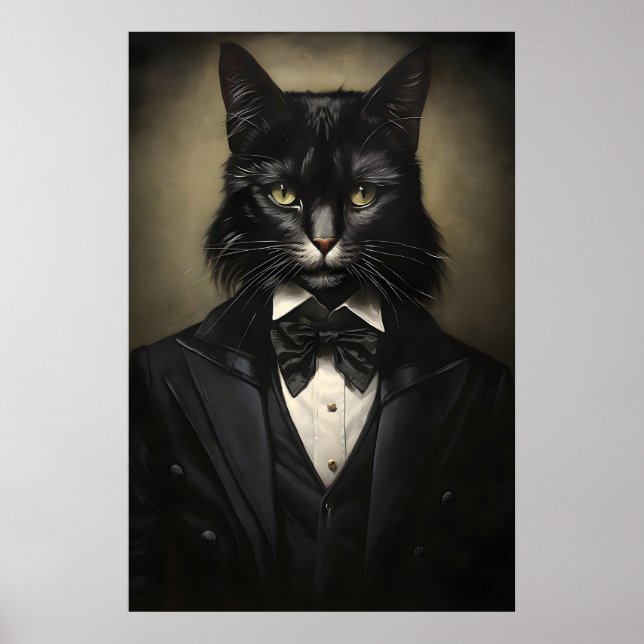 Affiche Gothic Black Cat In Suit Print, Dark Academia (Devant)
