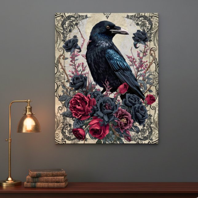 Affiche Gothic Black Roses Art de Corbeau (Dark Academia raven poster)
