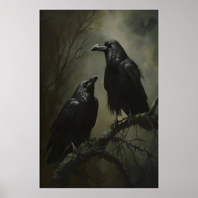 Affiche Gothic Crows Art Printable, Birds On Branch Dark (Devant)