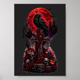 Affiche Gothic Halloween Corbeau Cimetière Hanté Citrouill