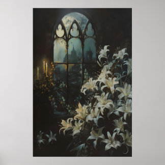 Affiche Gothic Lilies Flowers Candlelight Castle Art, Dark