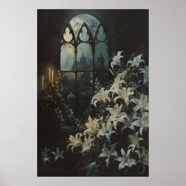 Affiche Gothic Lilies Flowers Candlelight Castle Art, Dark (Devant)