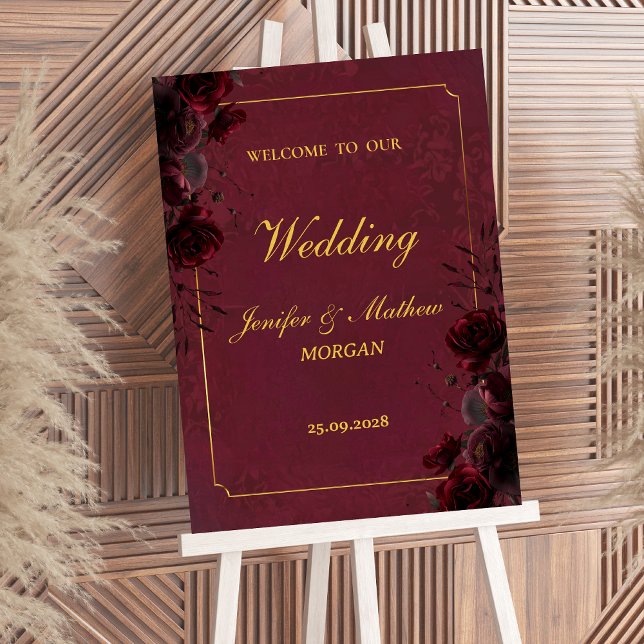 Affiche Gothic Romance Burgundy Roses Elegant Welcome Sign (Créateur téléchargé)