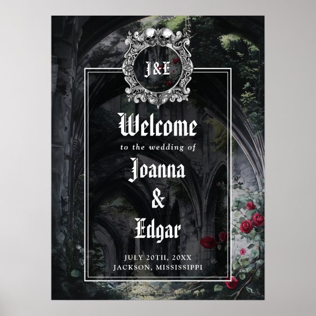 Affiche Gothic Ruins Roses Floral Wedding Welcome Sign (Devant)