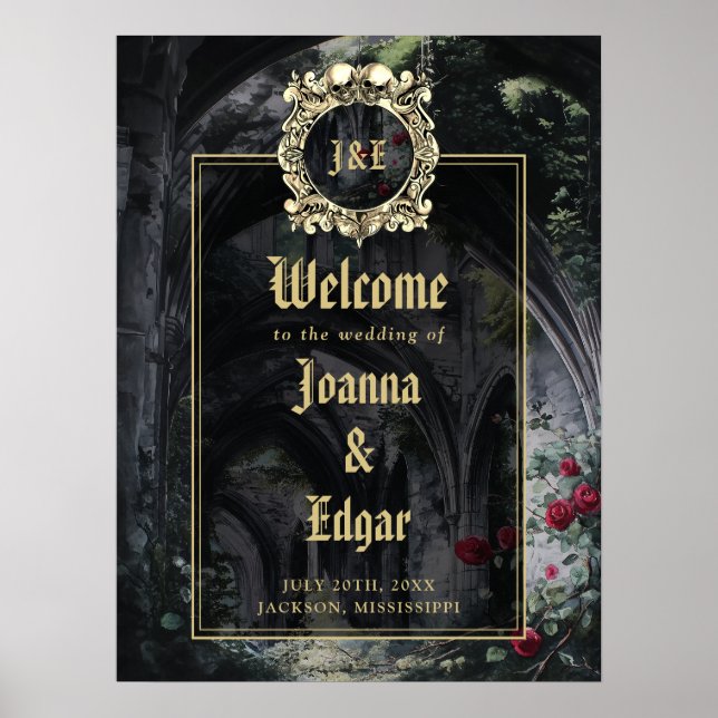 Affiche Gothic Ruins Wedding Black And Gold Welcome Sign (Devant)