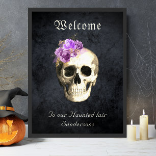 Affiche Gothique Crâne violet Roses Personnalisé Halloween