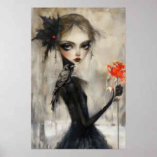 Affiche Gothique fille Corbeau Rose rouge