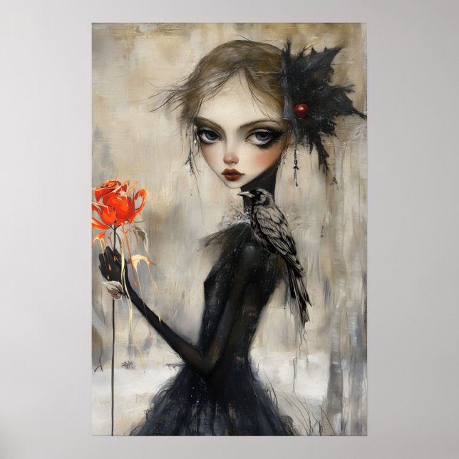 Affiche Gothique fille Corbeau Rose rouge (Devant)