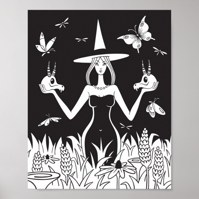 Affiche Gothique Occulte Sorcière Noir Blanc Crâne Papillo (Devant)