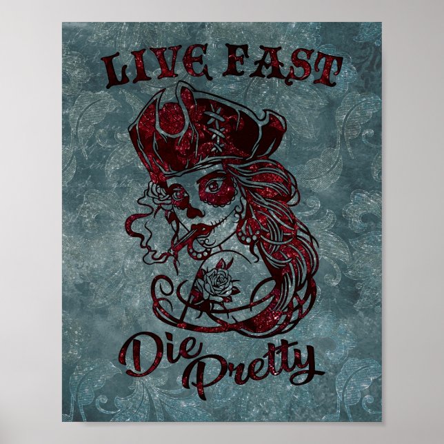 Affiche Gothique Pirate Skull Femme Vivre Fast Die Jolie (Devant)