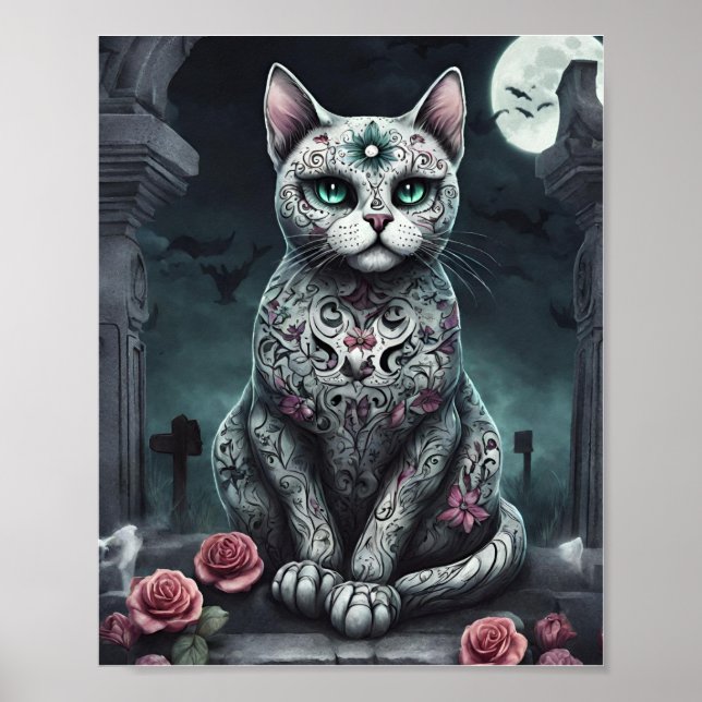 Affiche Gothique "Rose dame", Jour des Morts, Chat blanc (Devant)