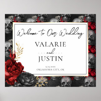 Affiche Gothique Rouge Noir Floral Bienvenue Mariage en mo