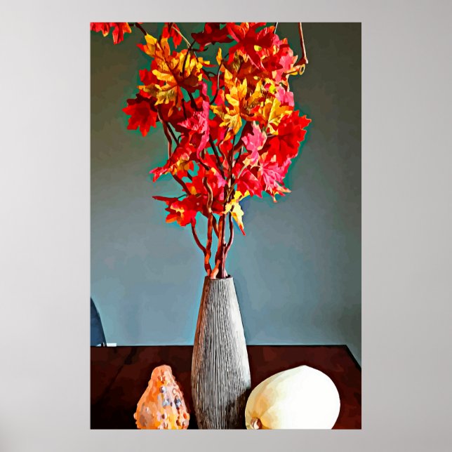 Affiche Gourds rouge feuille branche arbre encore vie abst (Devant)