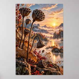 Affiche Gousses de graines de lotus au lac de la montagne