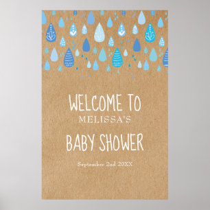 Affiche Gouttes de pluie bleues Baby Shower Bohème / Bienv