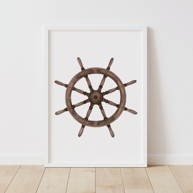 Affiche Gouvernail de bateau à l'aquarelle Décor nautique (Créateur téléchargé)