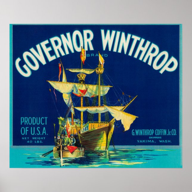 Affiche Gouverneur Winthrop Apple Étiquette (bleu) - Yakim (Devant)