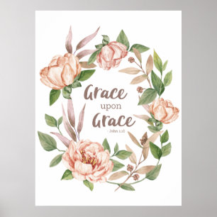 Affiche Grace sur grâce - Jean 1:16 - Floral