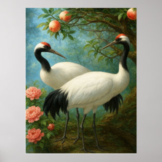 Affiche Graceful Cranes in a Peach Blossom Garden