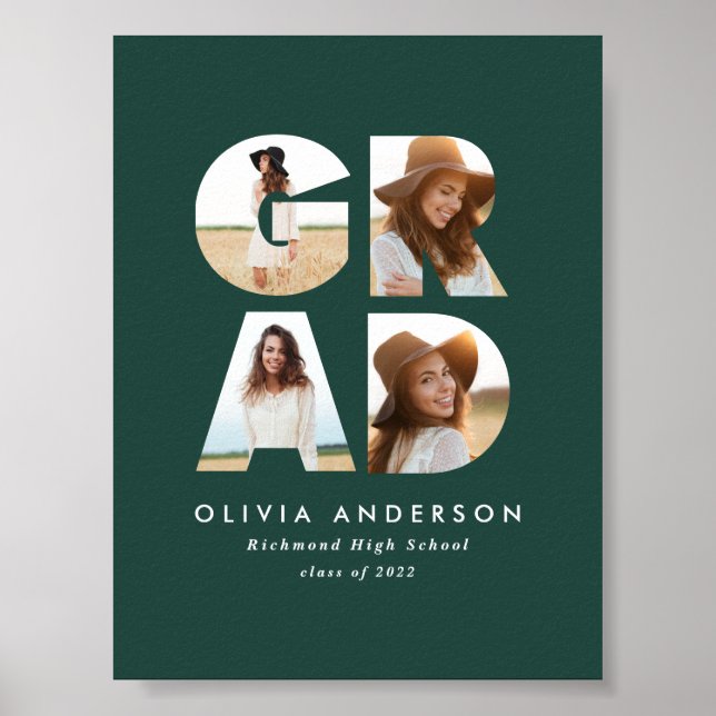 Affiche Graduation 4 photo moderne faire-part vert (Devant)