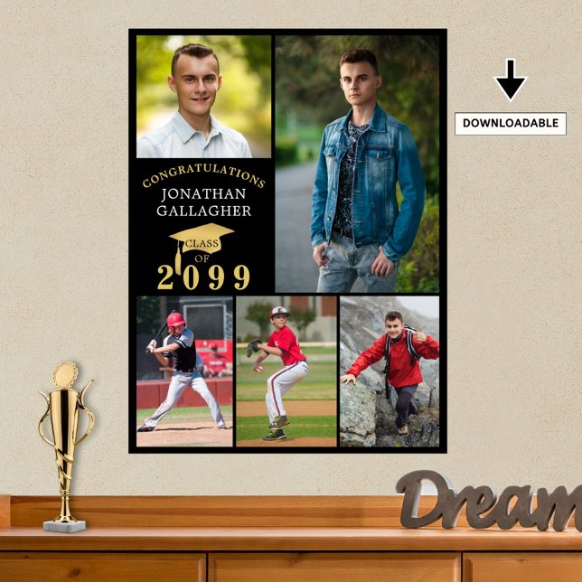 Affiche Graduation 5 Photo Collage Black Gold Casquette (Créateur téléchargé)