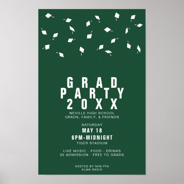 Affiche Graduation Cap Toss Green & White Grad Party (Devant)