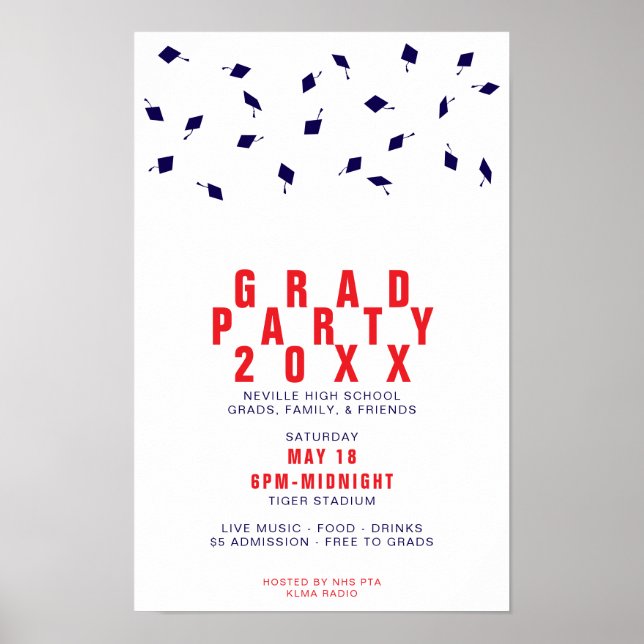 Affiche Graduation Cap Toss Red & Blue Grad Party (Devant)