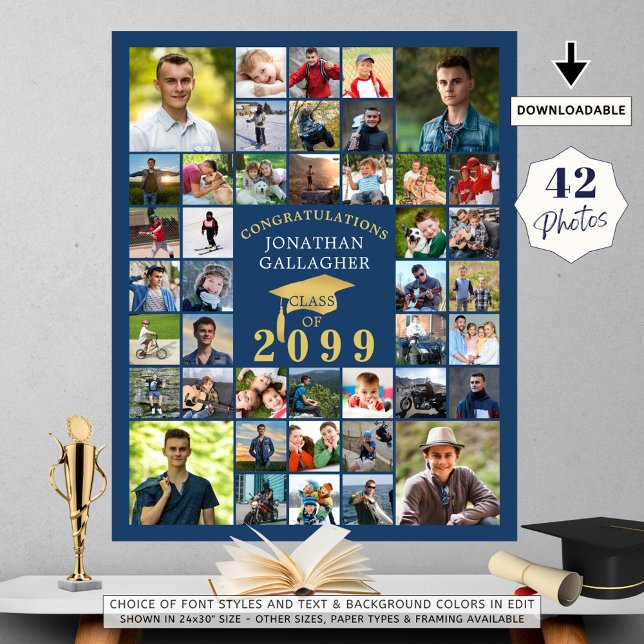 Affiche Graduation Congrats 42 Photo Collage Blue Gold (Créateur téléchargé)