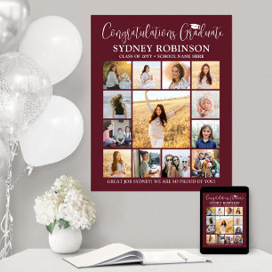 Affiche Graduation Congrats Photo Collage Maron et blanc