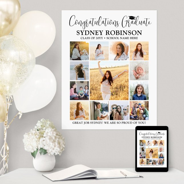 Affiche Graduation Congrats Photo Collage Moderne Blanc (Créateur téléchargé)