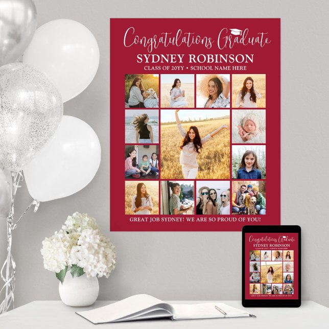 Affiche Graduation Congrats Photo Collage moderne Rouge Bl (Créateur téléchargé)