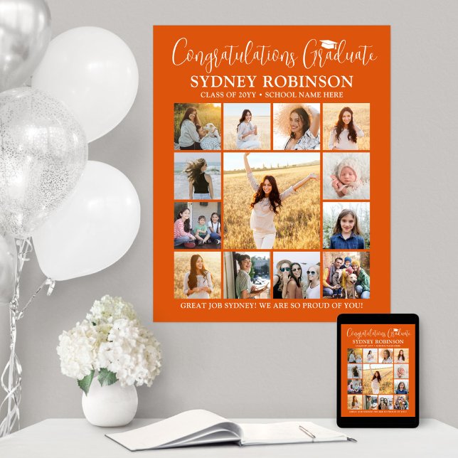 Affiche Graduation Congrats Photo Collage Orange et Blanc (Créateur téléchargé)