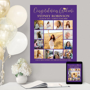 Affiche Graduation Congrats Photo Collage Purple and Gold