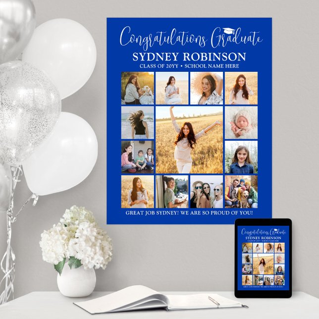 Affiche Graduation Congrats Photo Collage Royal Bleu Blanc (Créateur téléchargé)