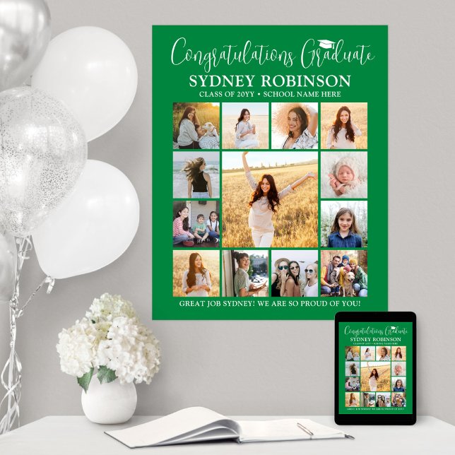 Affiche Graduation Congrats Photo Collage vert et blanc (Créateur téléchargé)